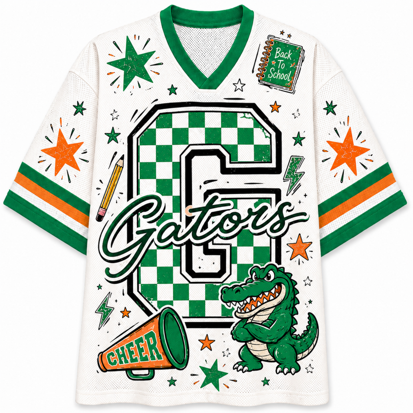 A white mesh V-neck football-style jersey with green trim and sleeve stripes, featuring a large green-and-white checkerboard letter G, the word Gators in script, orange starburst accents, stars, lightning bolts, a megaphone, and a cartoon alligator on the front.