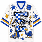 A white mesh V-neck jersey with blue and yellow graphic details, featuring the word 'Eagles' over a blue-and-white checkered letter 'E', a cartoon eagle, stars, lightning bolts, a megaphone, and a 'Back to School' patch graphic.