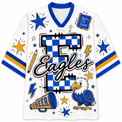 A white mesh V-neck jersey with blue and yellow graphic details, featuring the word 'Eagles' over a blue-and-white checkered letter 'E', a cartoon eagle, stars, lightning bolts, a megaphone, and a 'Back to School' patch graphic.