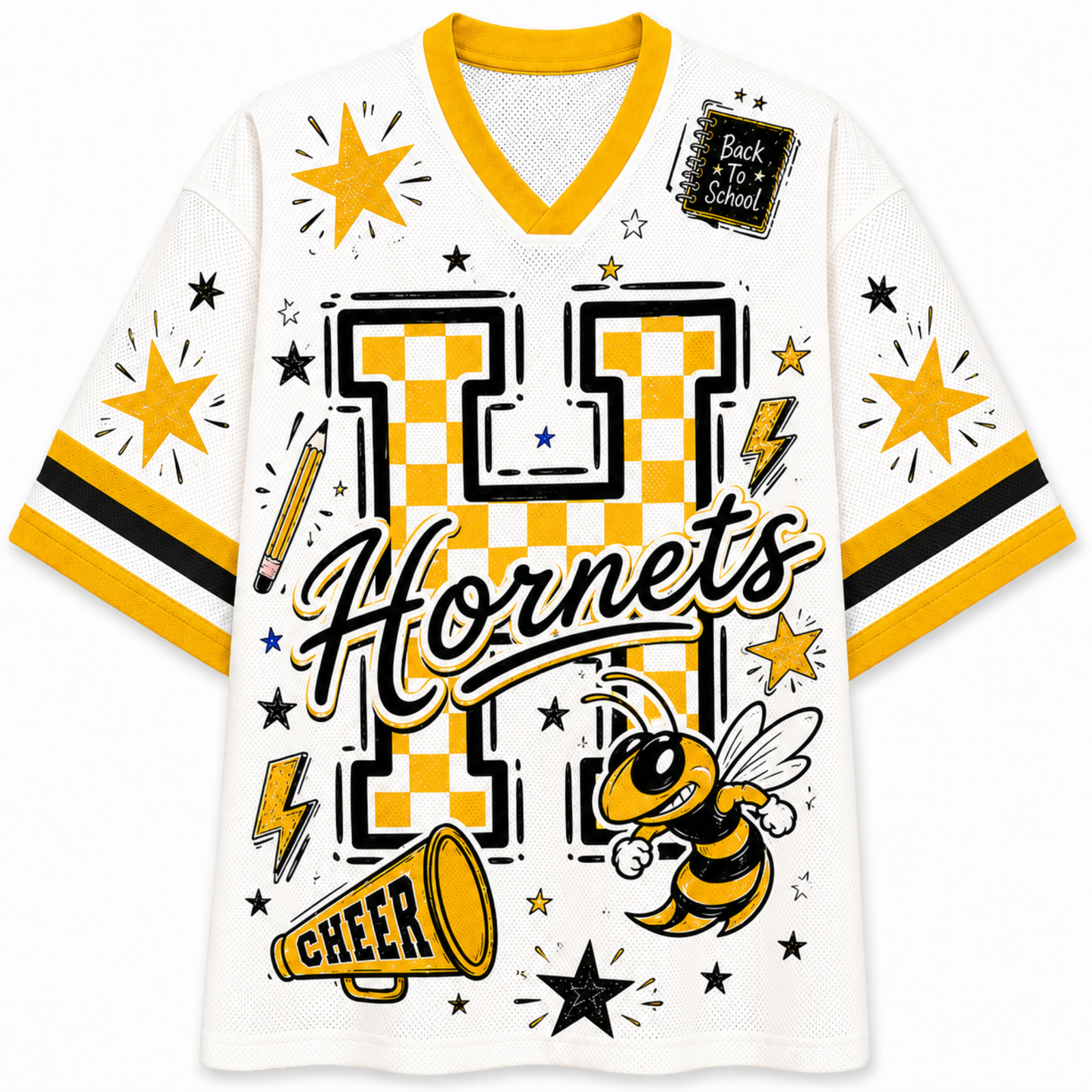 A white V-neck athletic jersey with yellow and black graphics, featuring a large checkerboard 'H', the word 'Hornets', stars, lightning bolts, a bee, and a megaphone on the front.