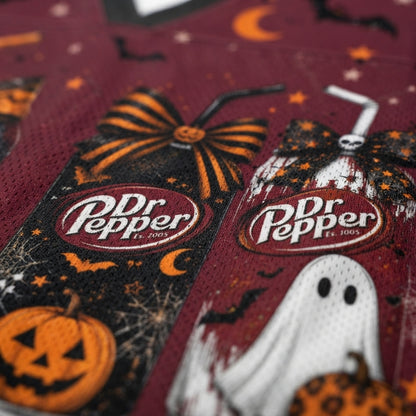 Macro close-up shot of the graphic print on mesh fabric, focusing on the high-definition Dr Pepper logo on the cans, coquette bow patterns, and straw details.