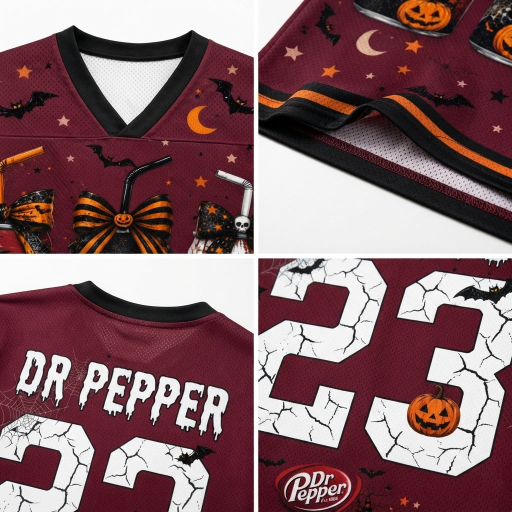 Product compilation highlighting the black V-neck collar, orange and black sleeve athletic stripes, floating bat graphics, and high-quality mesh fabric.