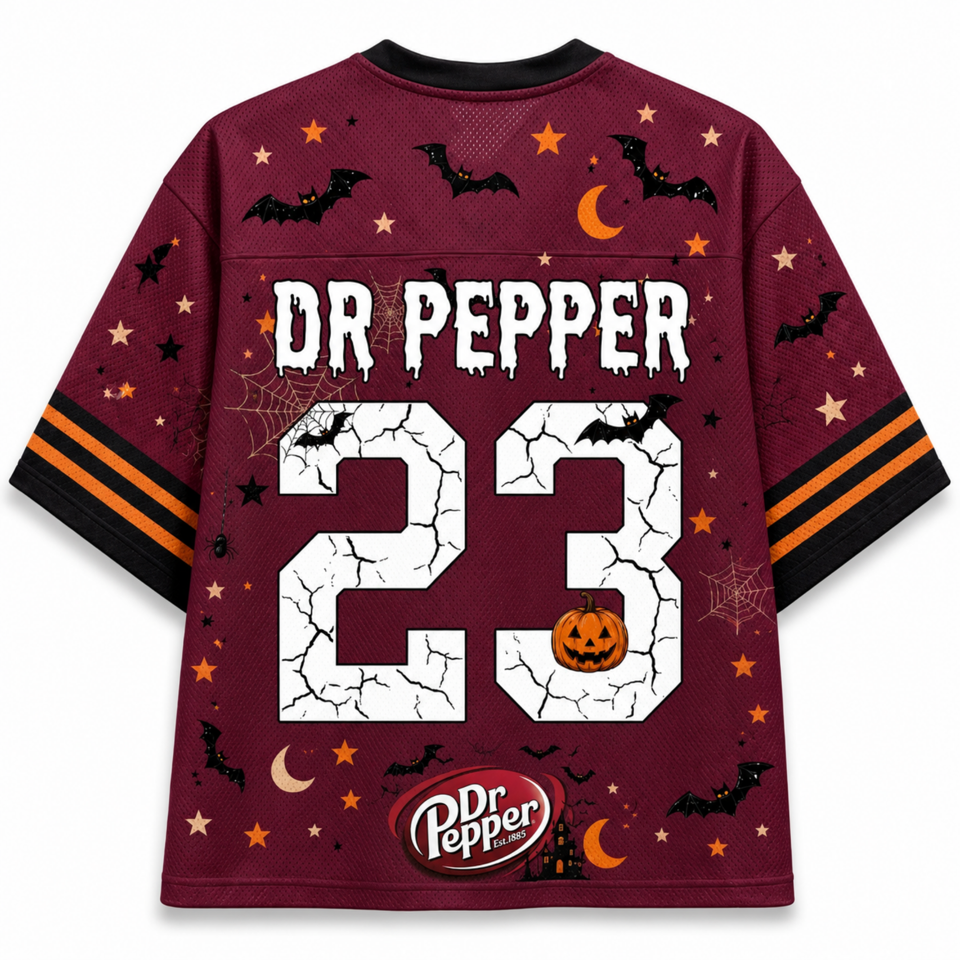 Back view of the Chaotic Club jersey displaying 'DR PEPPER' text above a cracked white number 23 with a pumpkin and official brand logo.