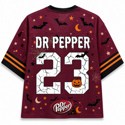Back view of the Chaotic Club jersey displaying 'DR PEPPER' text above a cracked white number 23 with a pumpkin and official brand logo.
