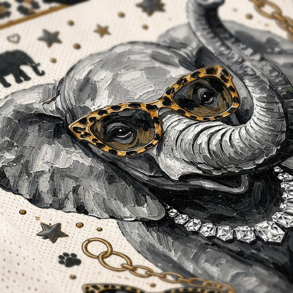 A close-up of a gray elephant illustration wearing leopard-print cat-eye sunglasses, with a silver chain necklace, gold stars, paw prints, and chain links on a light textured background.