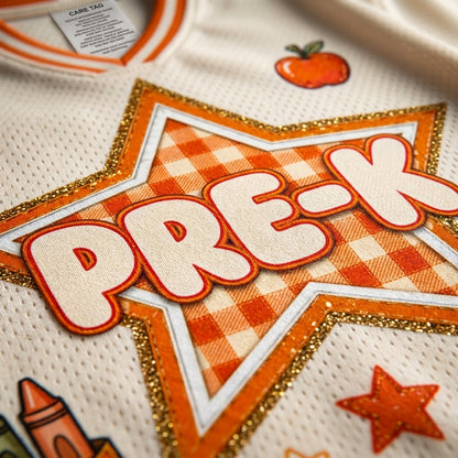 Chaotic Club Fall Back To School Mesh Jersey - real photo of Pre-K design on gingham fabric