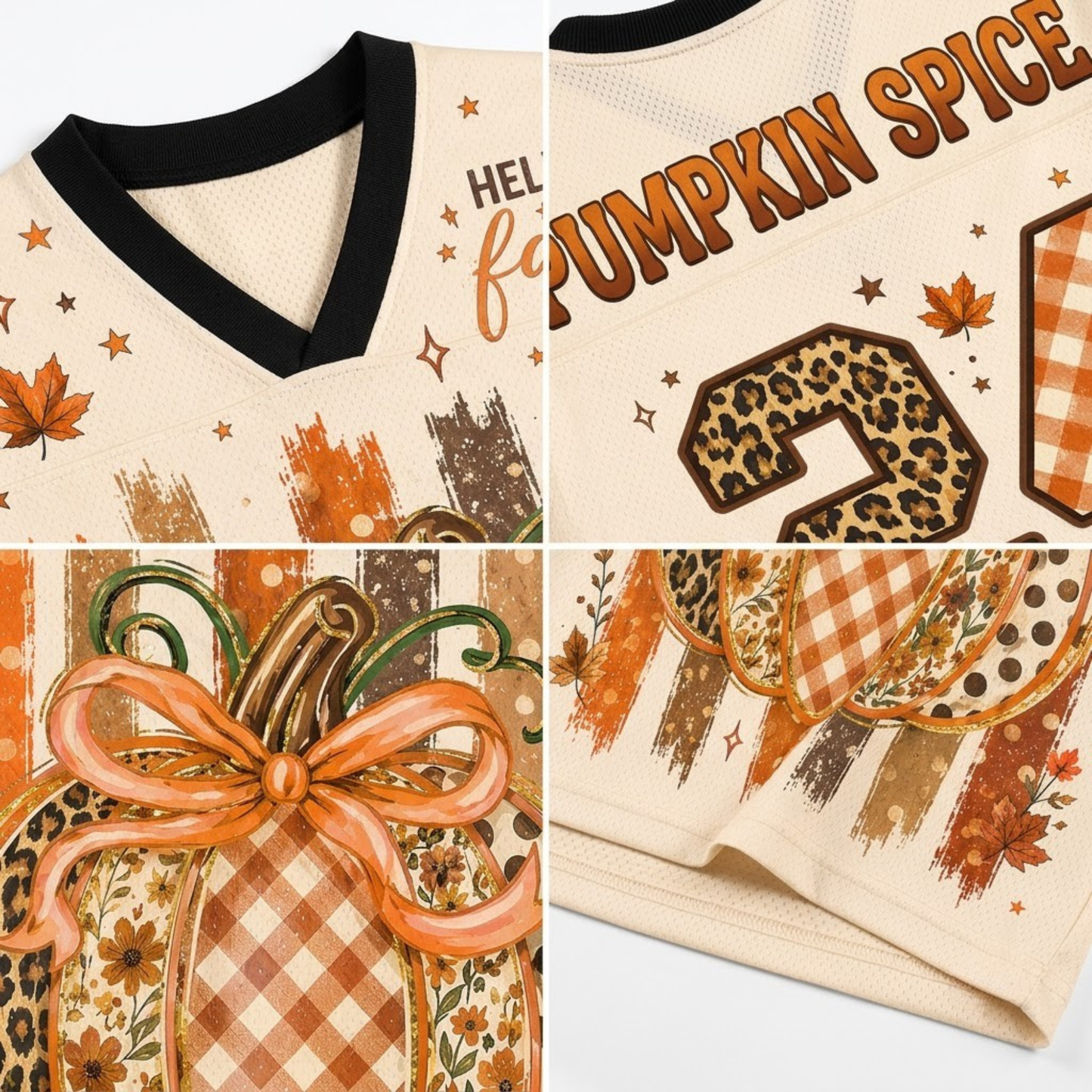 A four-panel close-up collage of a cream-colored hockey-style jersey with autumn-themed graphics. The top-left panel shows the black V-neck collar and part of the chest text reading 'HELLO fall'.