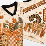 A four-panel close-up collage of a cream-colored hockey-style jersey with autumn-themed graphics. The top-left panel shows the black V-neck collar and part of the chest text reading 'HELLO fall'.