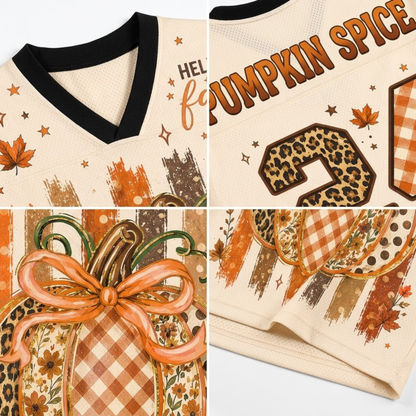 A four-panel close-up collage of a cream-colored hockey-style jersey with autumn-themed graphics. The top-left panel shows the black V-neck collar and part of the chest text reading 'HELLO fall'.