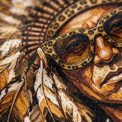 Close-up of a detailed artwork featuring a stylized face wearing leopard-print sunglasses, surrounded by feathers in warm brown, gold, black, and cream tones.