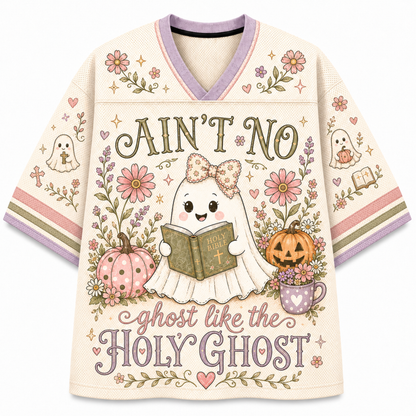 Front view of Chaotic Club Mesh Jersey featuring cute ghost with bow reading Holy Bible, pastel flowers, pumpkins, and Christian faith quote.