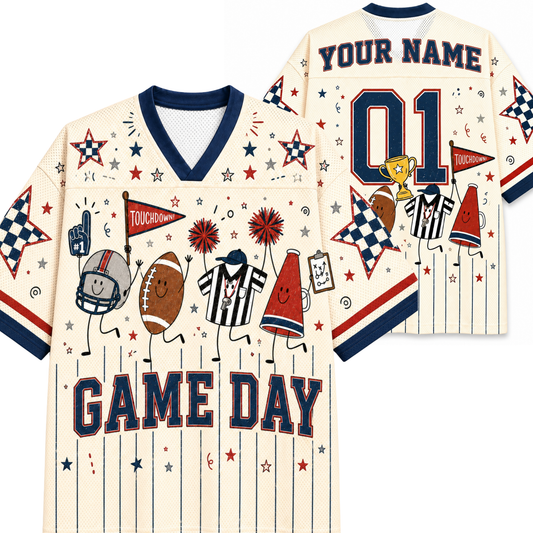 Chaotic Club Football Characters Game Day Tailgate Mesh Jersey - front and back view with custom name and football characters