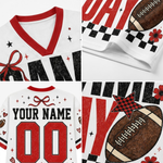 A four-panel close-up collage of a custom white football-themed V-neck jersey. The top-left panel shows the red V-neck collar and decorative red bow graphic.