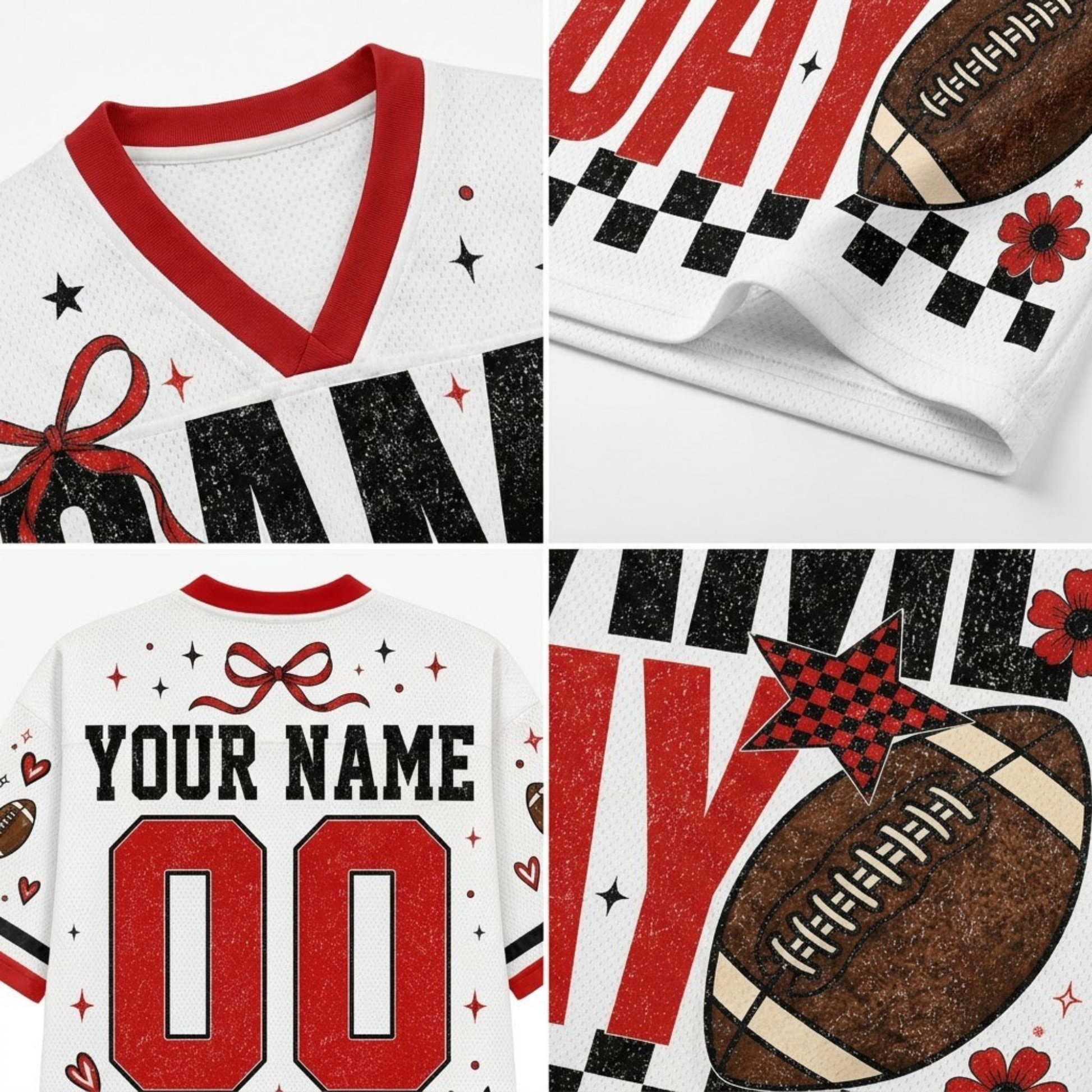 A four-panel close-up collage of a custom white football-themed V-neck jersey. The top-left panel shows the red V-neck collar and decorative red bow graphic.