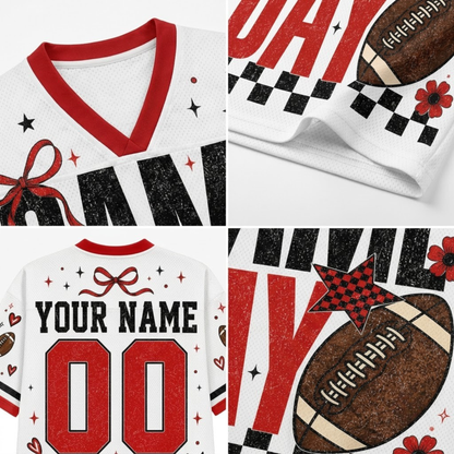 A four-panel close-up collage of a custom white football-themed V-neck jersey. The top-left panel shows the red V-neck collar and decorative red bow graphic.