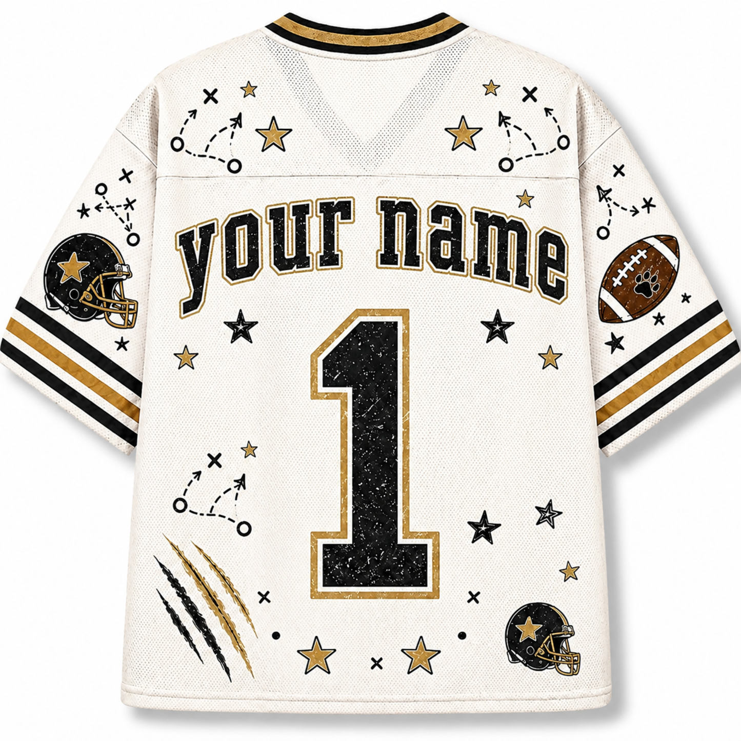 Customizable football jersey back view with 'your name' text, large number 1, black and gold star and track-and-field graphics on an off-white background.