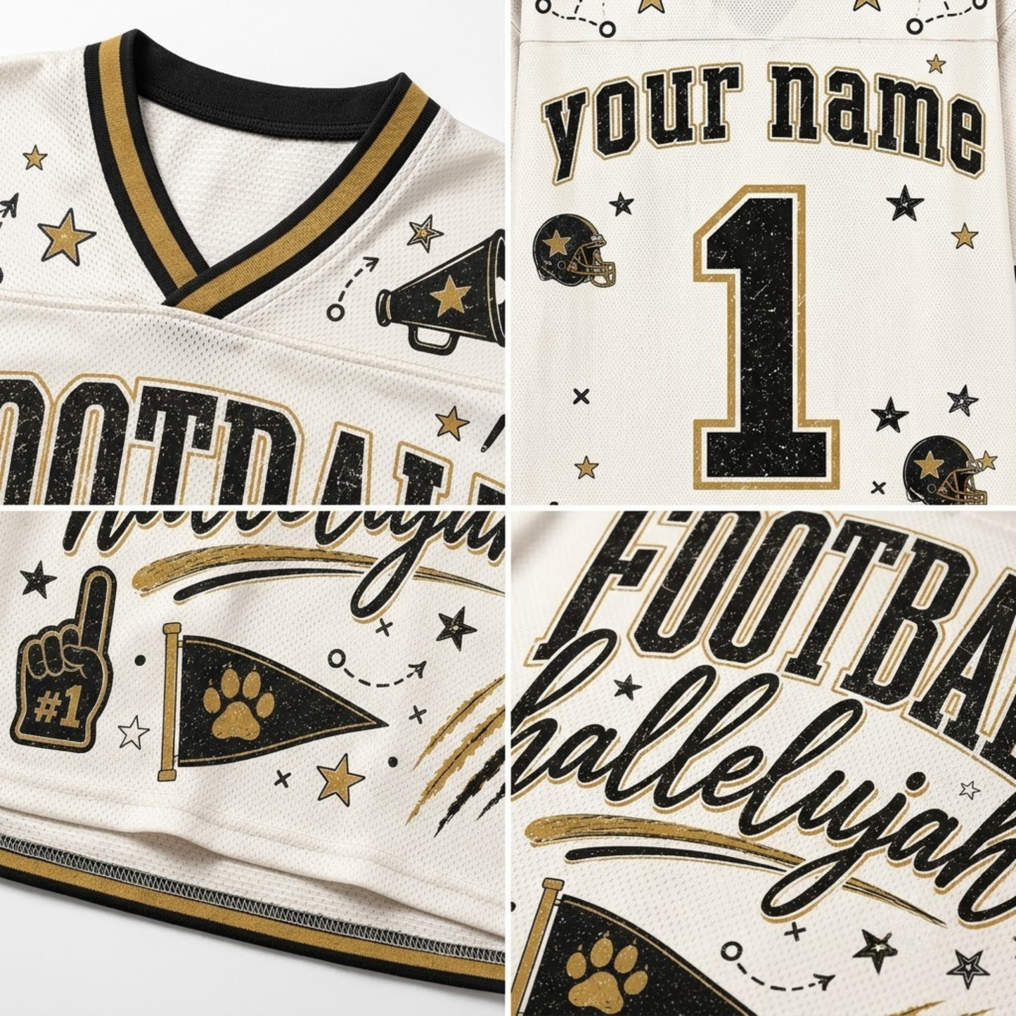 A collage showing close-up views of a custom football jersey. The jersey is off-white with black and gold glittery graphics, including 'FOOTBALL', 'hallelujah', a large number '1' on the back, 'your name' on the front, a football helmet, stars, paw print, and a foam finger.
