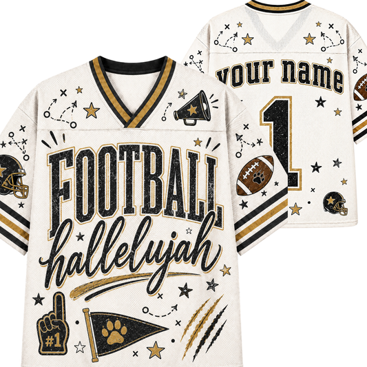 A football-themed V-neck jersey shown from the front and back on a plain white background. The jersey is off-white with black and gold graphics, including the words 'FOOTBALL hallelujah,' stars, stripes, a megaphone, paw print, football, and a large customizable '1' and 'your name' on the back.