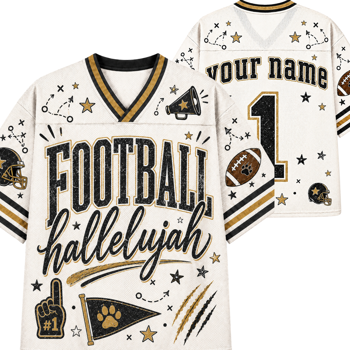 A football-themed V-neck jersey shown from the front and back on a plain white background. The jersey is off-white with black and gold graphics, including the words 'FOOTBALL hallelujah,' stars, stripes, a megaphone, paw print, football, and a large customizable '1' and 'your name' on the back.