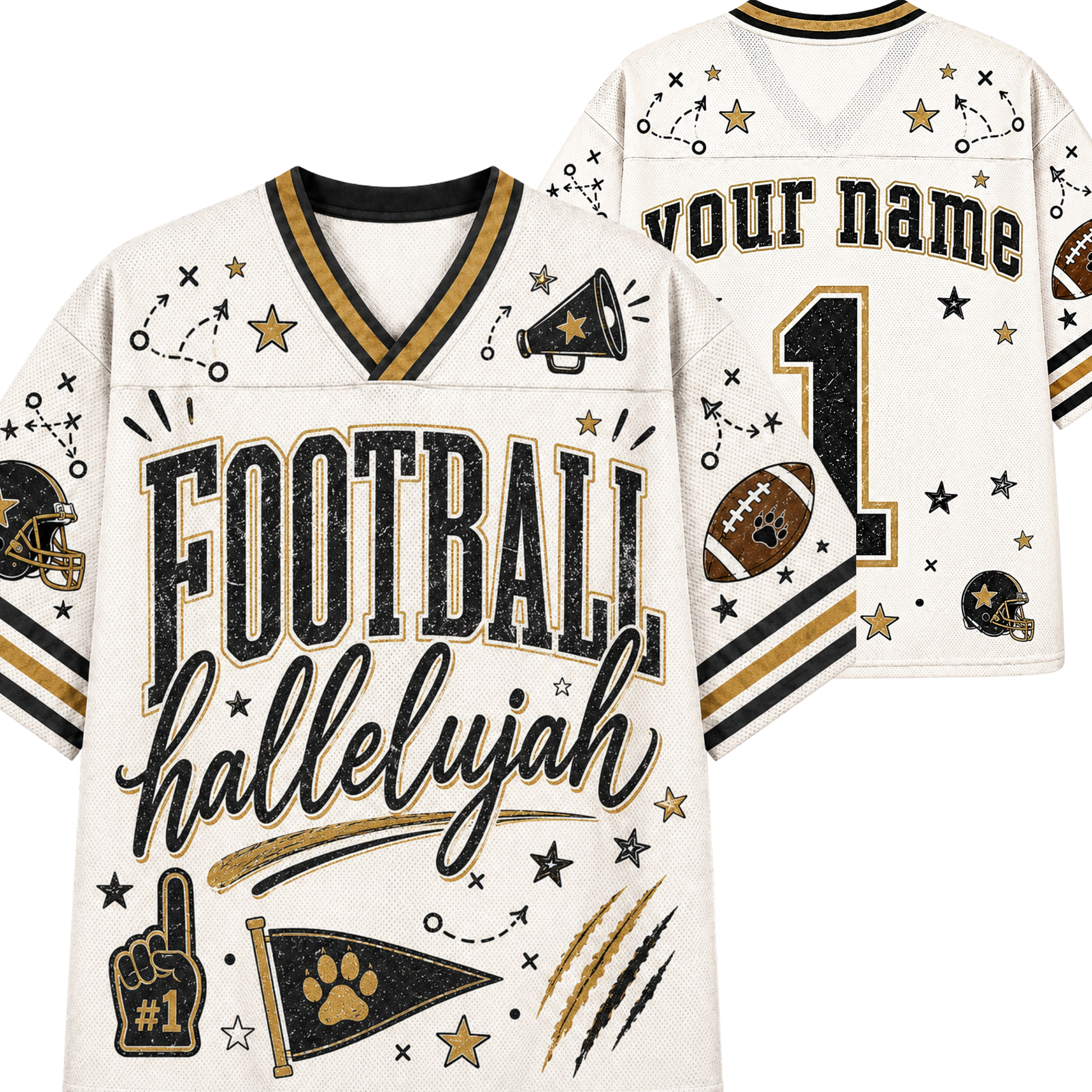 A football-themed V-neck jersey shown from the front and back on a plain white background. The jersey is off-white with black and gold graphics, including the words 'FOOTBALL hallelujah,' stars, stripes, a megaphone, paw print, football, and a large customizable '1' and 'your name' on the back.