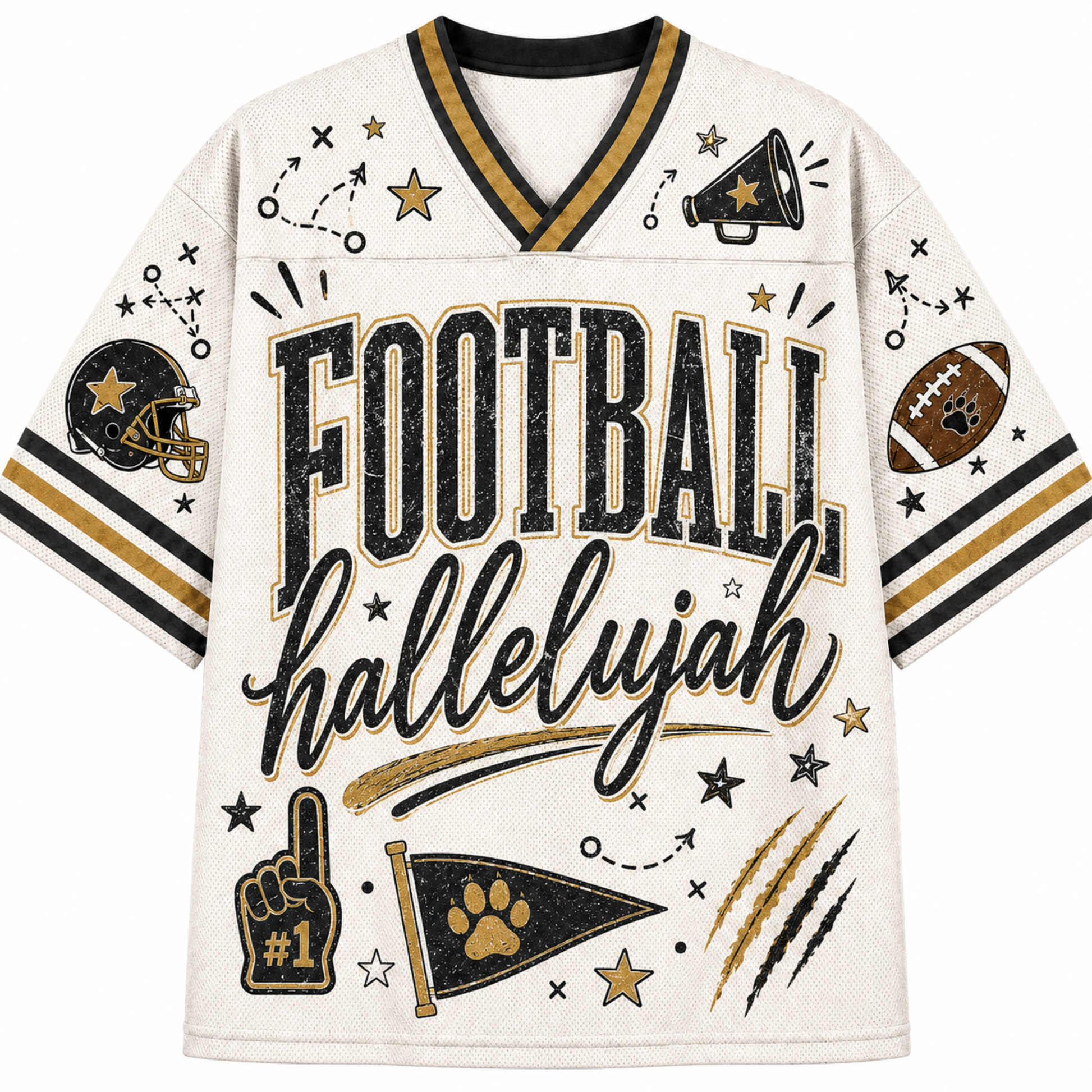 A cream-colored football jersey with black and gold accents, featuring the text 'FOOTBALL hallelujah' across the front, surrounded by football-themed graphics including a helmet, paw print, stars, and a megaphone.