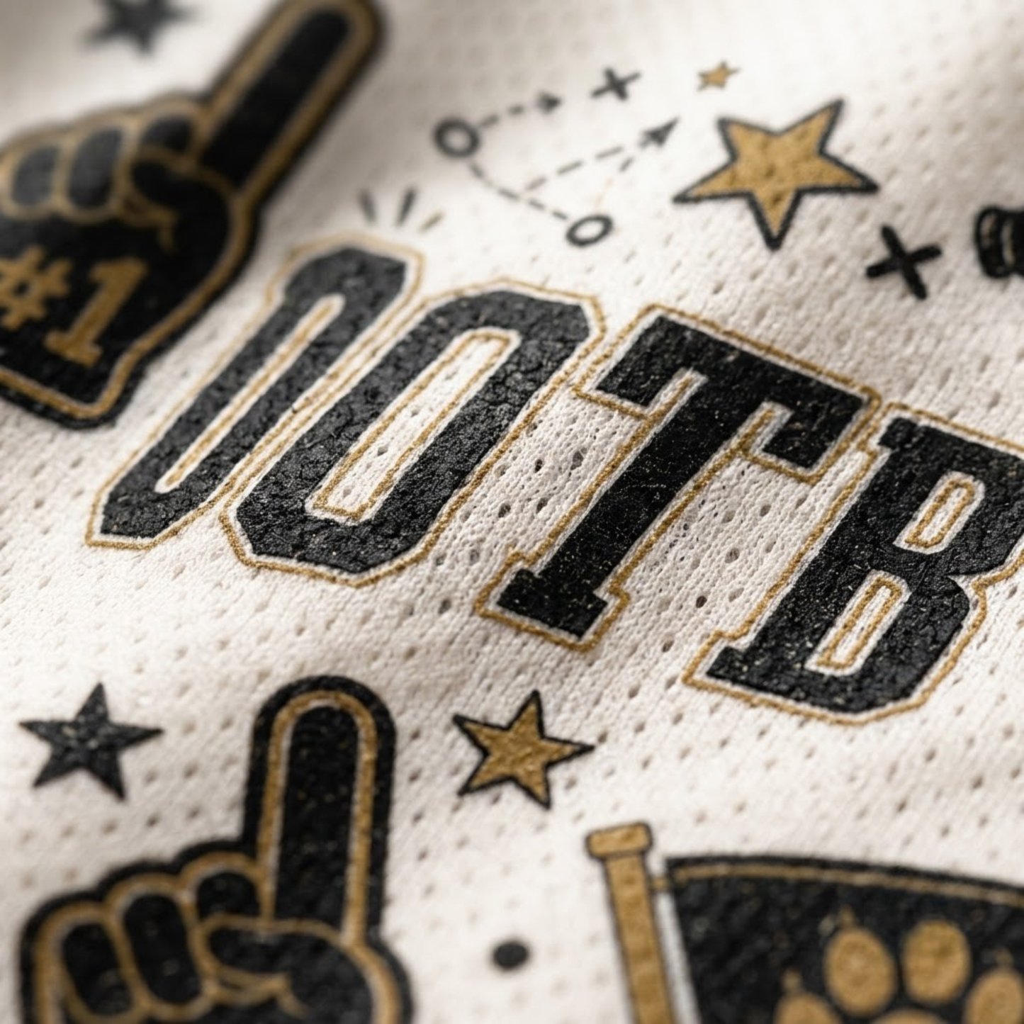 Close-up of a white perforated athletic fabric with black and gold football-themed graphics, including large block letters, stars, and foam finger motifs.