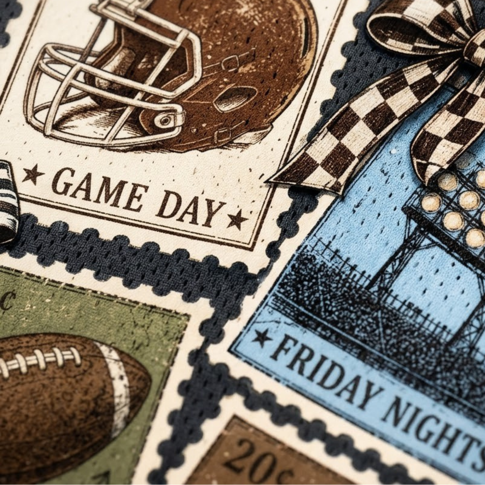 Close-up of a navy mesh sports jersey with vintage football-themed patchwork patches, including a brown helmet patch labeled 'Game Day' and a blue stadium patch labeled 'Friday Nights,' accented by a black-and-white checkered bow.