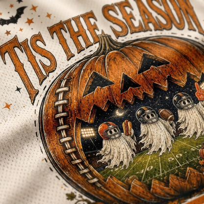 Macro close-up shot of the graphic print on mesh fabric, focusing on the high-definition textures of the carved football pumpkin, helmeted ghosts, and yard line details.