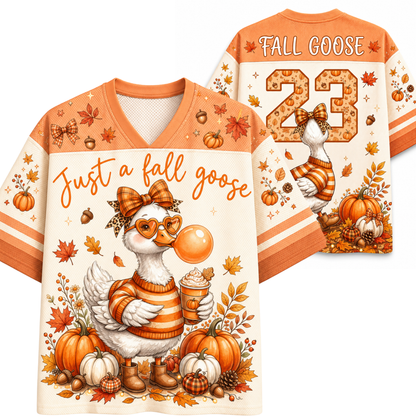 Chaotic Club Funny Cozy Goose Bubblegum Autumn Mesh Jersey - front and back view with fall goose graphic