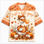 Chaotic Club Funny Cozy Goose Bubblegum Autumn Mesh Jersey - front view with goose and pumpkin graphic
