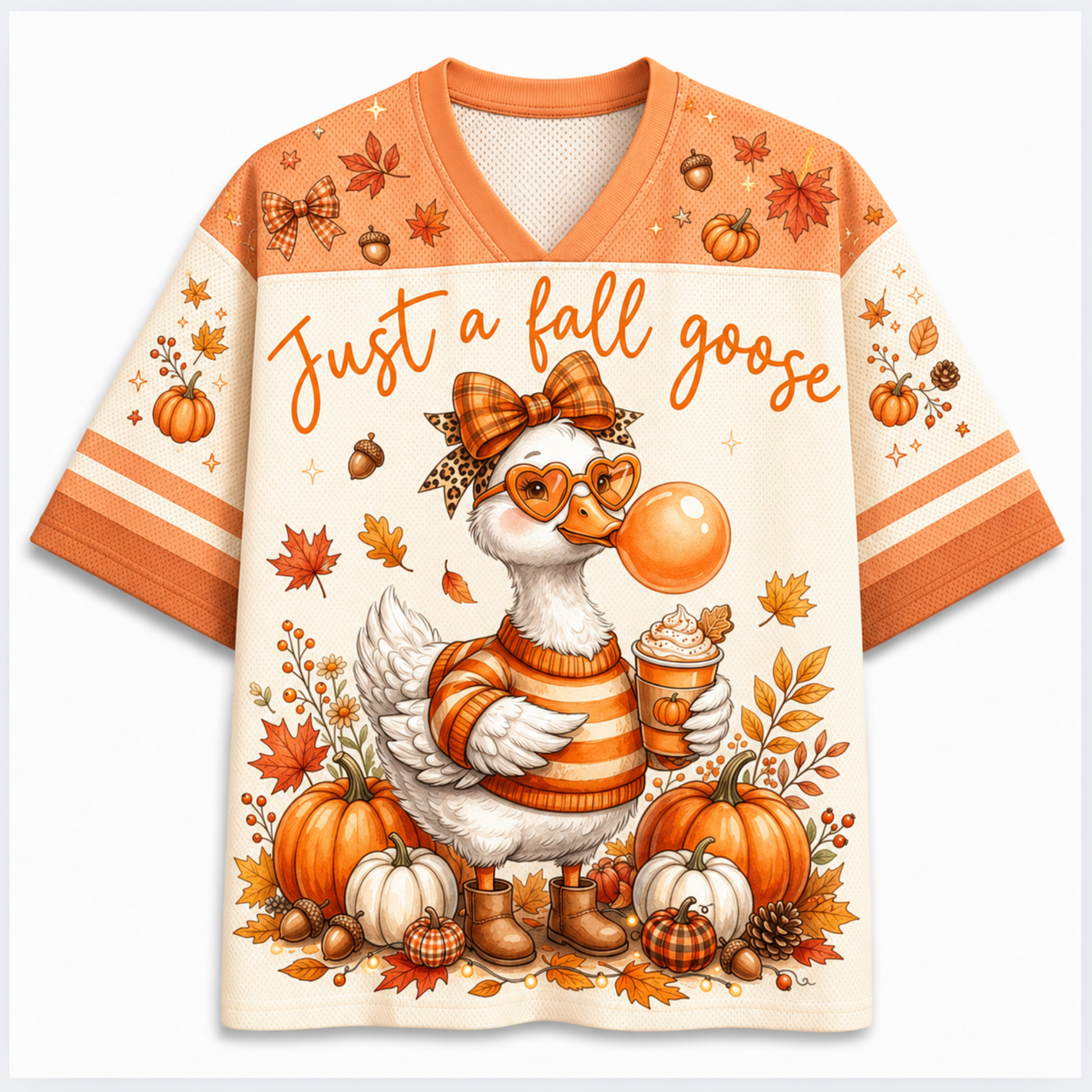 Chaotic Club Funny Cozy Goose Bubblegum Autumn Mesh Jersey - front view with goose and pumpkin graphic