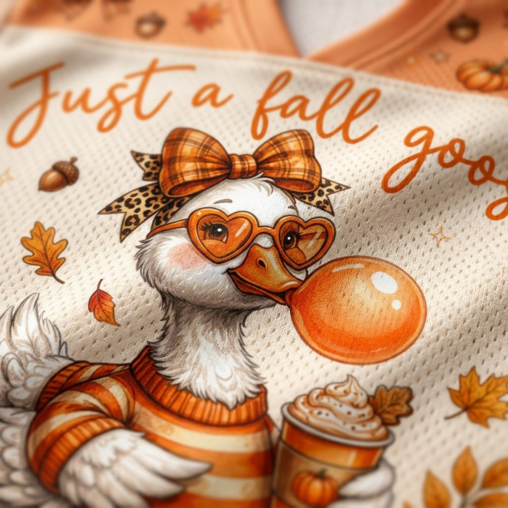 Chaotic Club Funny Cozy Goose Bubblegum Autumn Mesh Jersey - close-up of Just A Fall Goose graphic