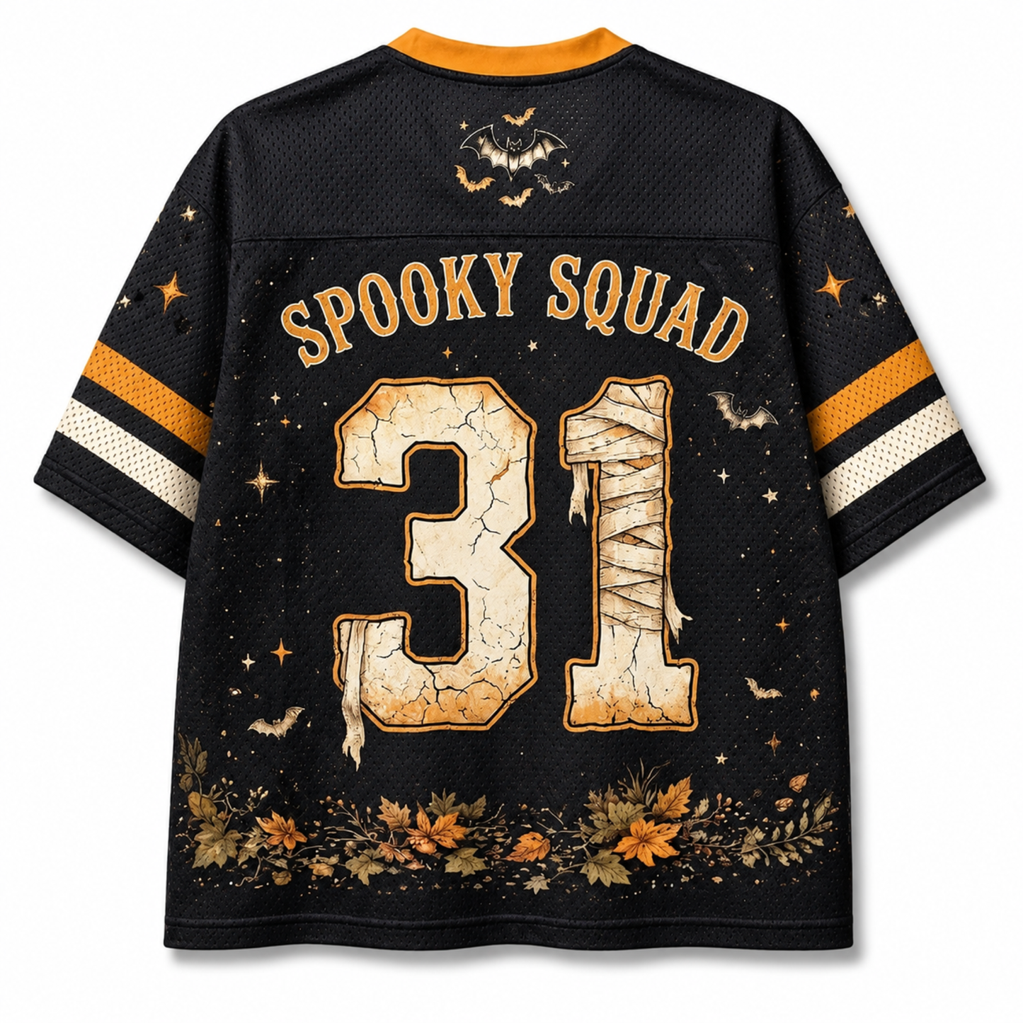 Back view of a black short-sleeve jersey with 'SPOOKY SQUAD' and the number '31' in a cracked beige stone texture, decorated with orange and white sleeve stripes, a bat graphic, stars, and autumn leaves.
