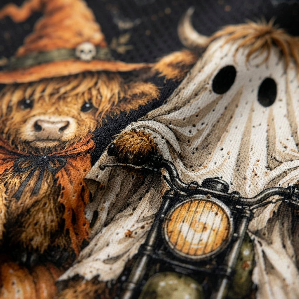Detailed close up of Chaotic Club funny illustration showing a baby highland cow in a ghost sheet riding a vintage motorcycle next to a cute mummy cow and witch cow.