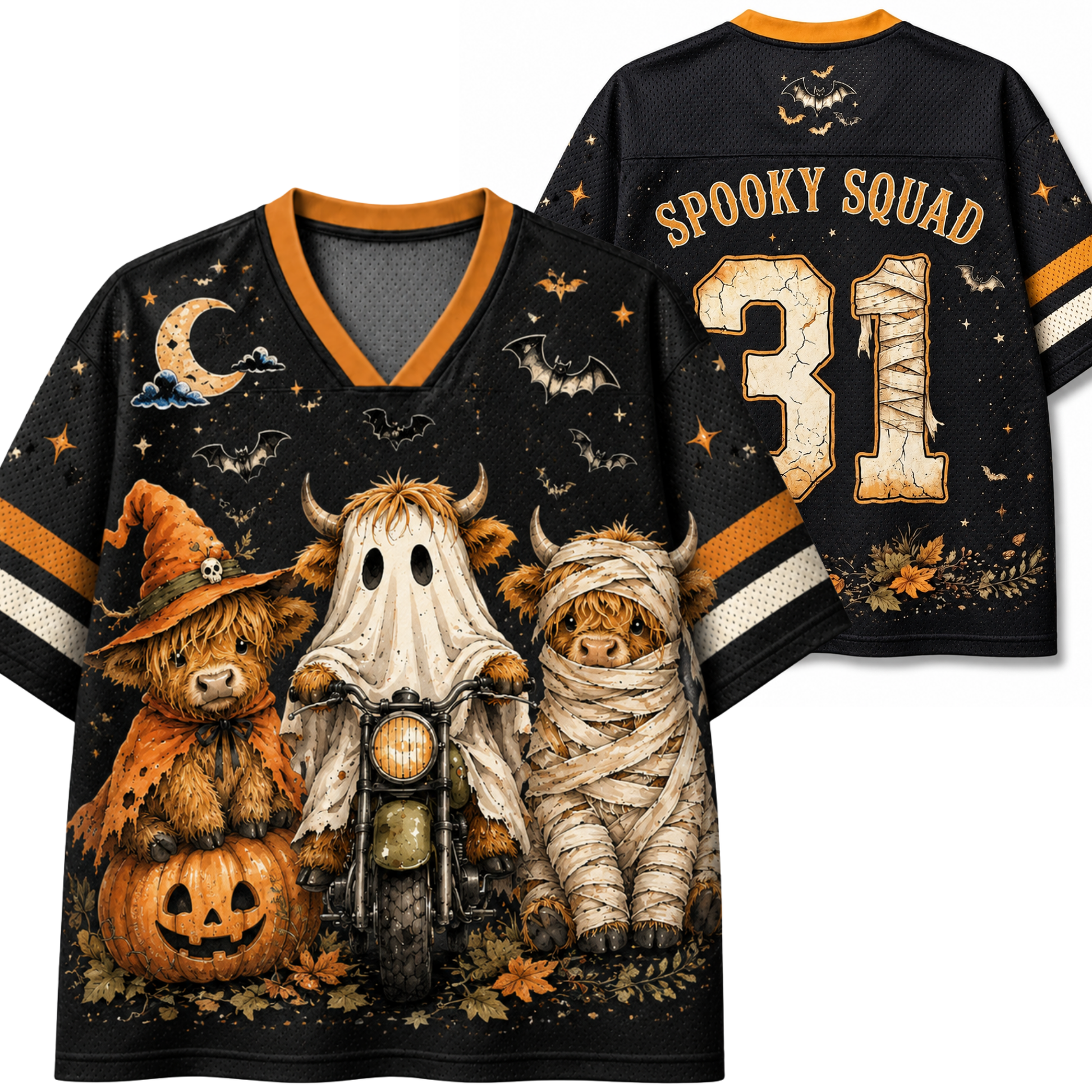 A black V-neck football-style jersey shown from the front and back, featuring a Halloween-themed graphic with three teddy bears dressed as a witch, ghost, and mummy, plus pumpkins, bats, stars, and the text 'SPOOKY SQUAD' and number '31'.