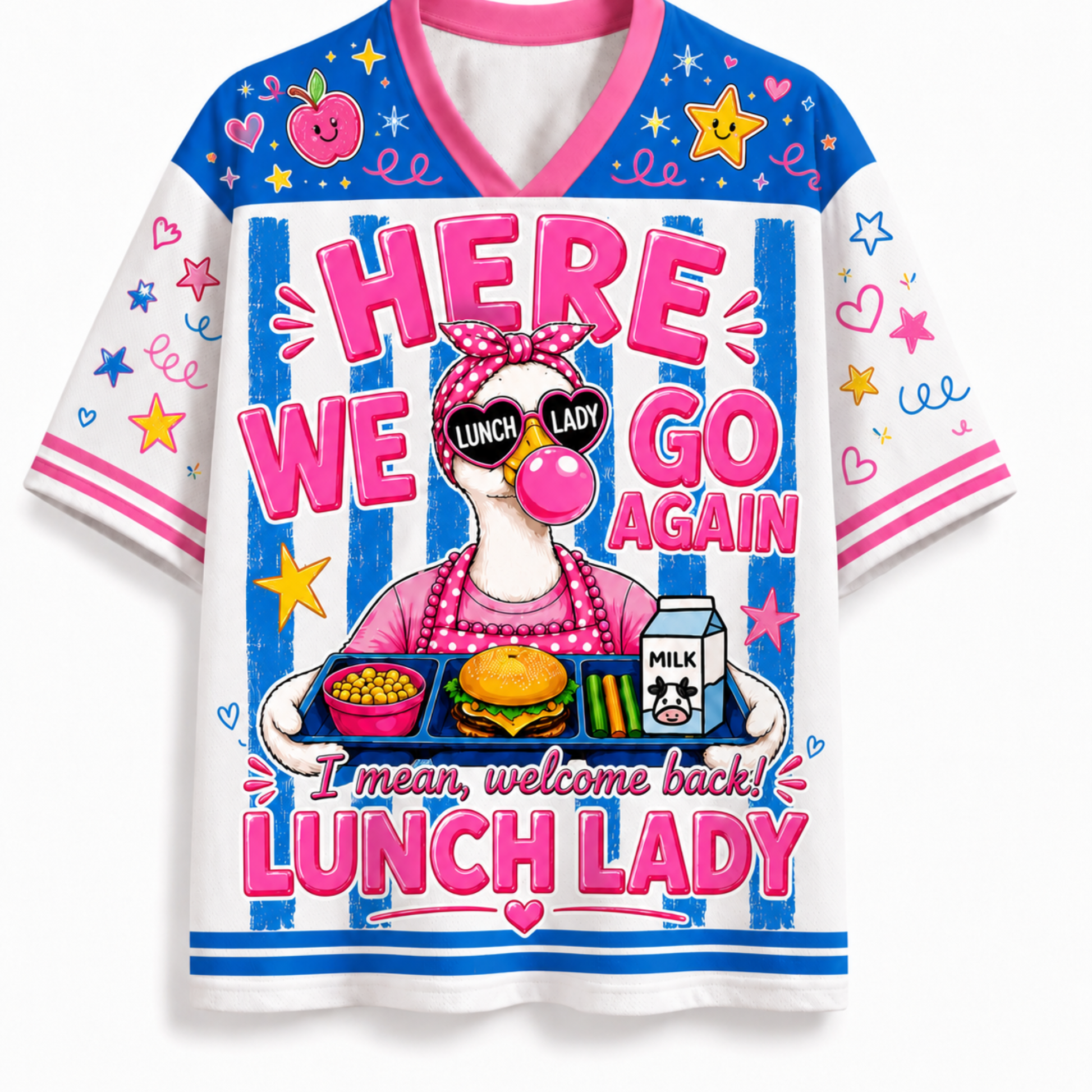 A women's short-sleeve V-neck t-shirt with a colorful graphic print. The design features a cartoon lunch lady holding a tray with a hamburger, popcorn, and a milk carton, surrounded by the text 'HERE WE GO AGAIN LUNCH LADY' and 'I mean, welcome back!'.