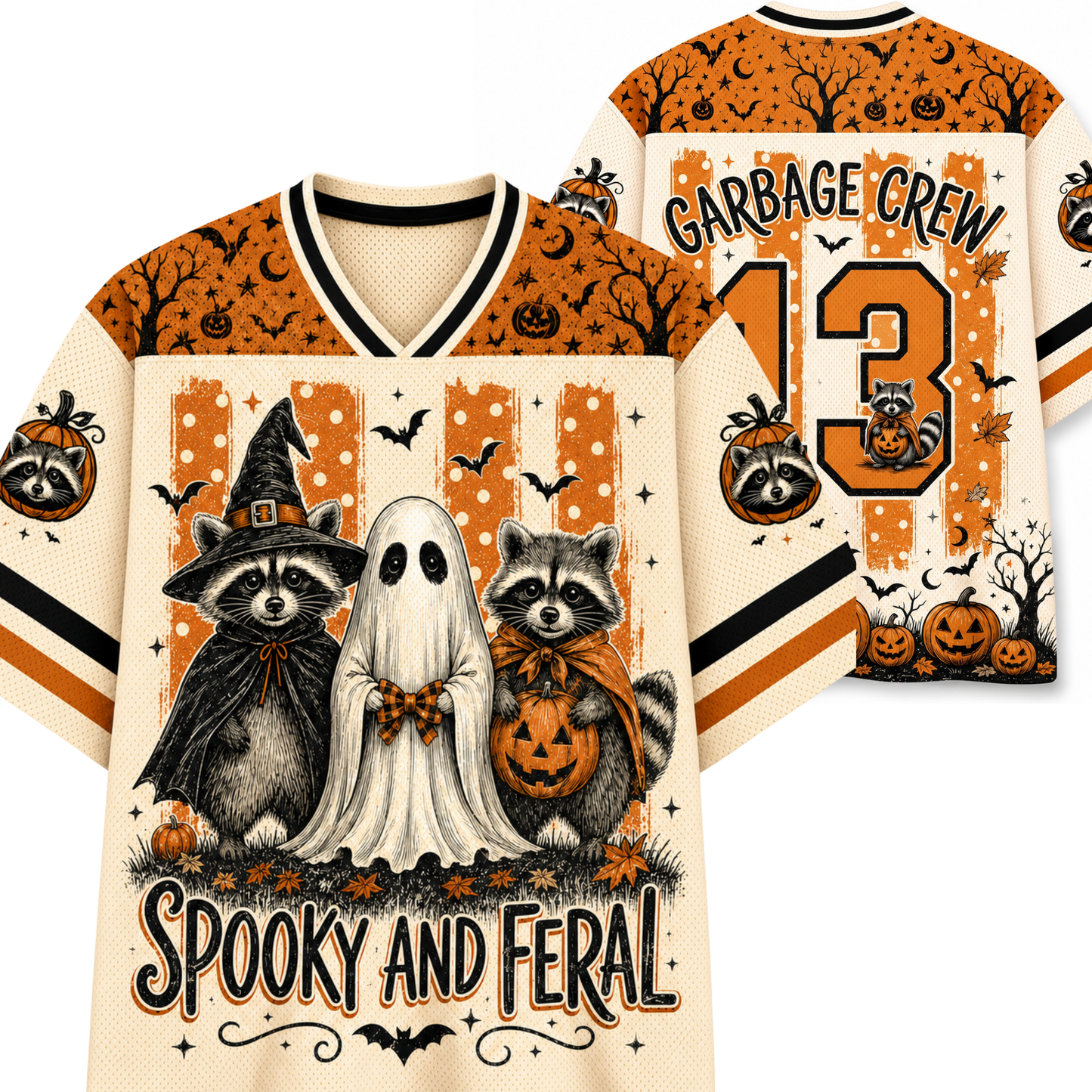 Front and back mockup preview of the cream Chaotic Club Halloween jersey featuring raccoon witches, sheet ghost, and Garbage Crew number 13.