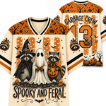 Front and back mockup preview of the cream Chaotic Club Halloween jersey featuring raccoon witches, sheet ghost, and Garbage Crew number 13.