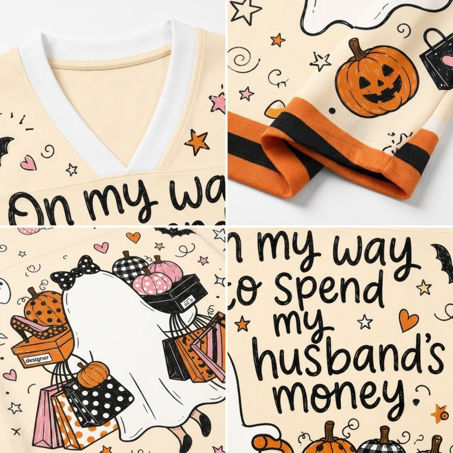 A four-panel close-up collage of a children's long-sleeve top. The top shows a cream-colored V-neck with a white collar trim, decorated with black script text 'On my way' and orange pumpkin illustrations.