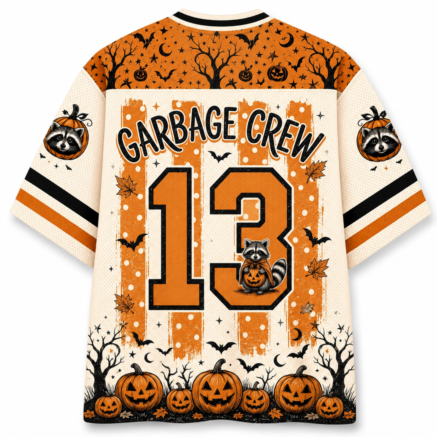 Back view of the Chaotic Club jersey showcasing 'GARBAGE CREW' text above an orange athletic number 13 with a tiny raccoon sitting inside.