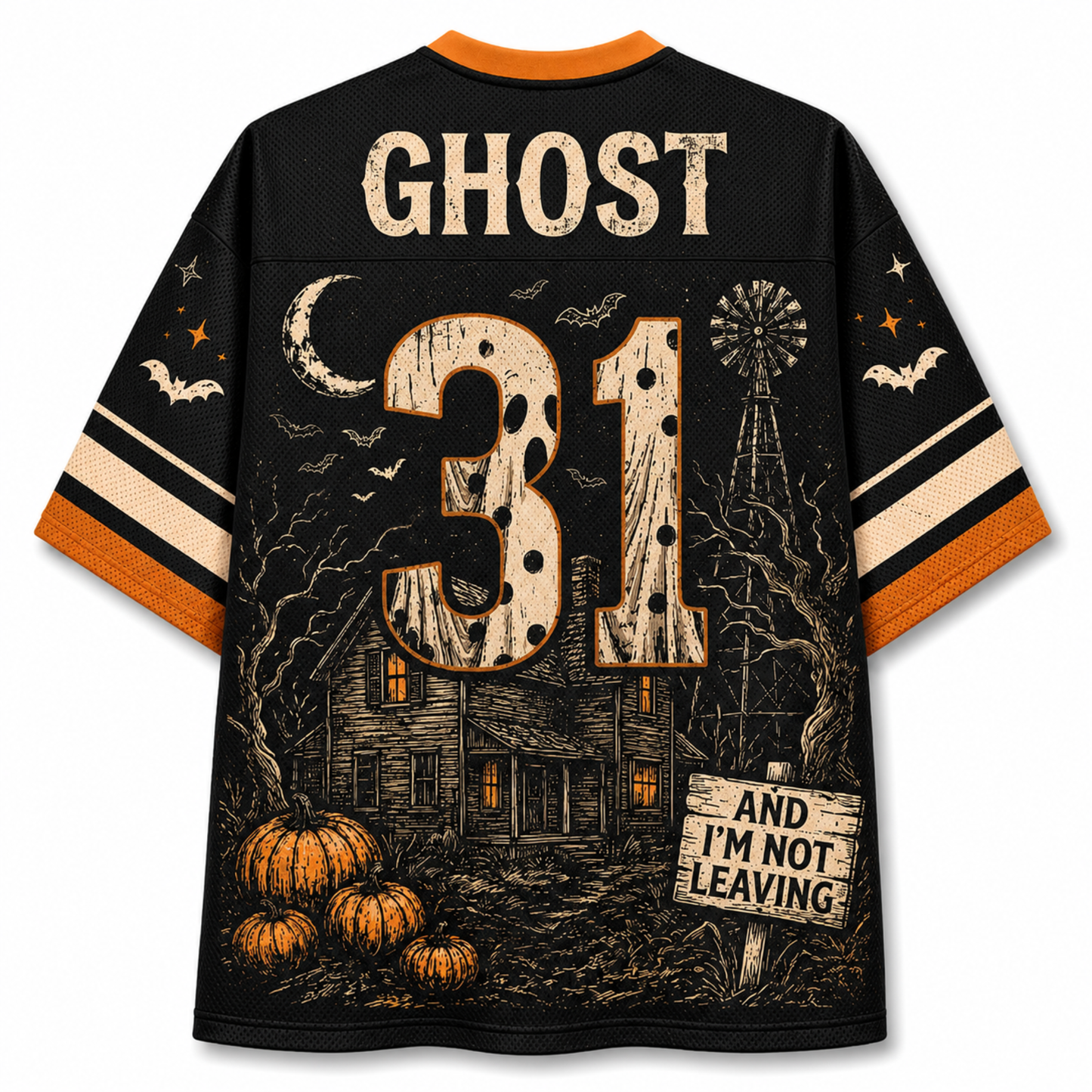 A black short-sleeve jersey shown from the back, featuring a distressed Halloween graphic with the name GHOST, number 31, a haunted house, pumpkins, bats, a moon, and a sign reading AND I'M NOT LEAVING. The collar and sleeve cuffs are orange.