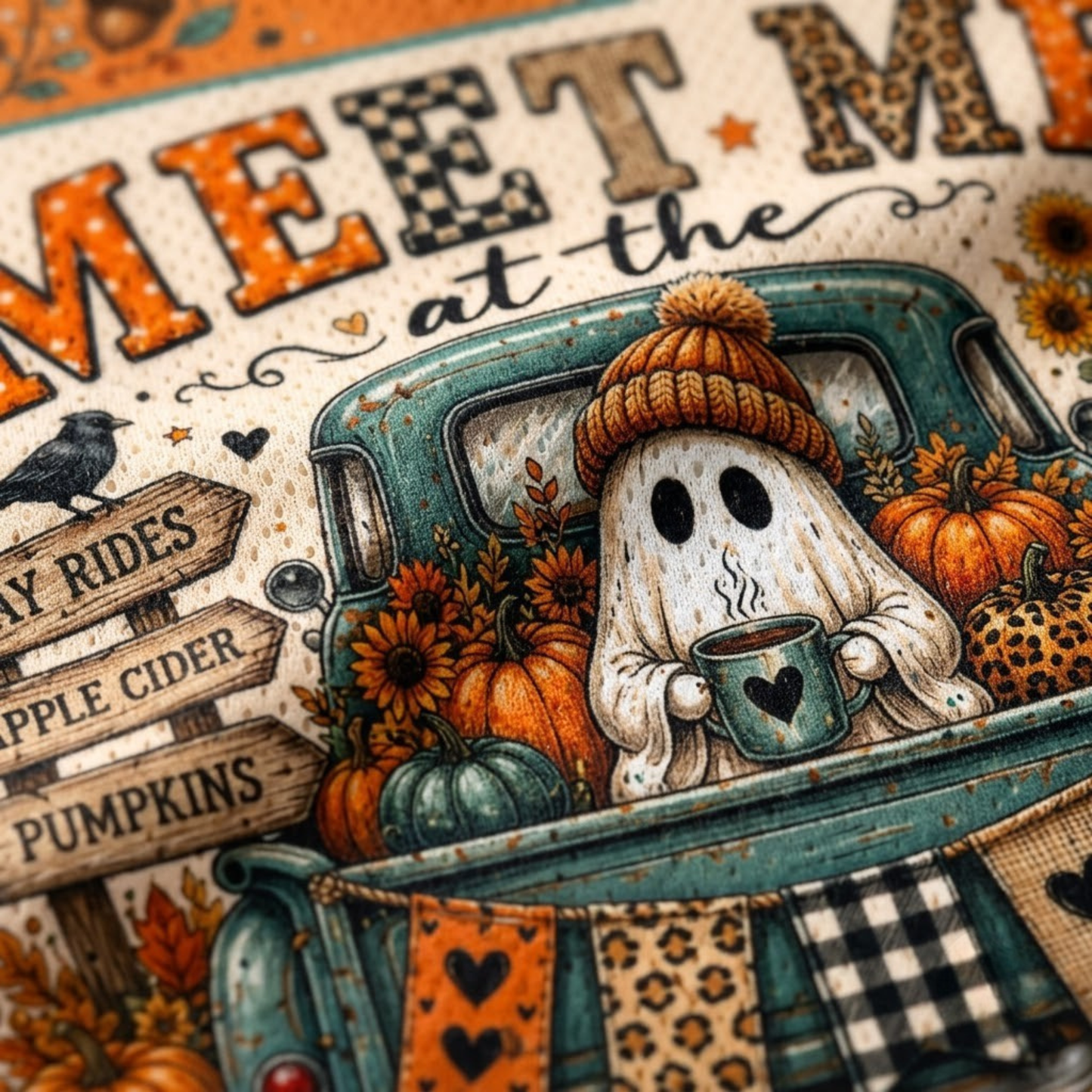 Macro close-up shot of the graphic print on mesh fabric, focusing on the high-definition textures of the vintage teal truck, leopard print typography, and cozy ghost.