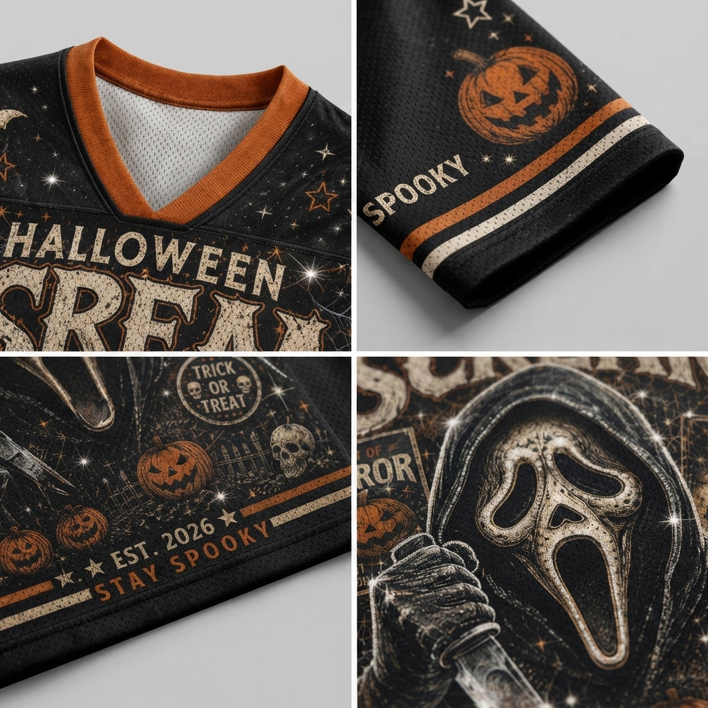 A four-panel close-up collage of a black Halloween-themed garment, likely a sweatshirt or jersey, showing printed graphics and fabric details. The panels display orange and beige text reading 'HALLOWEEN SPREE' and 'STAY SPOOKY,' a jack-o'-lantern motif, stars, skulls, and a Ghostface-style mask graphic on a dark background.
