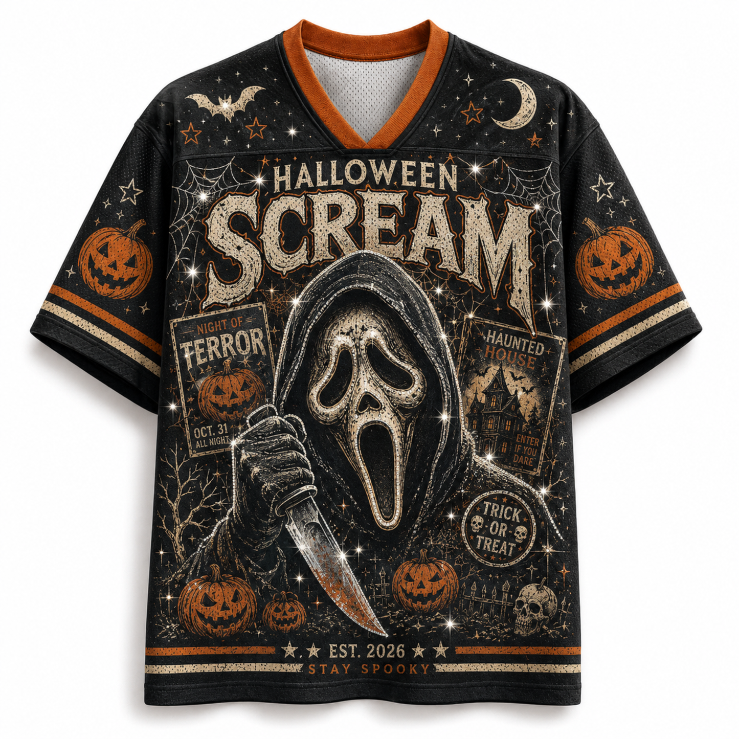A Halloween-themed short-sleeve V-neck t-shirt with an all-over graphic print featuring Ghostface, pumpkins, a knife, spiderwebs, and spooky text on a black background with orange and beige accents.