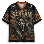 A Halloween-themed short-sleeve V-neck t-shirt with an all-over graphic print featuring Ghostface, pumpkins, a knife, spiderwebs, and spooky text on a black background with orange and beige accents.