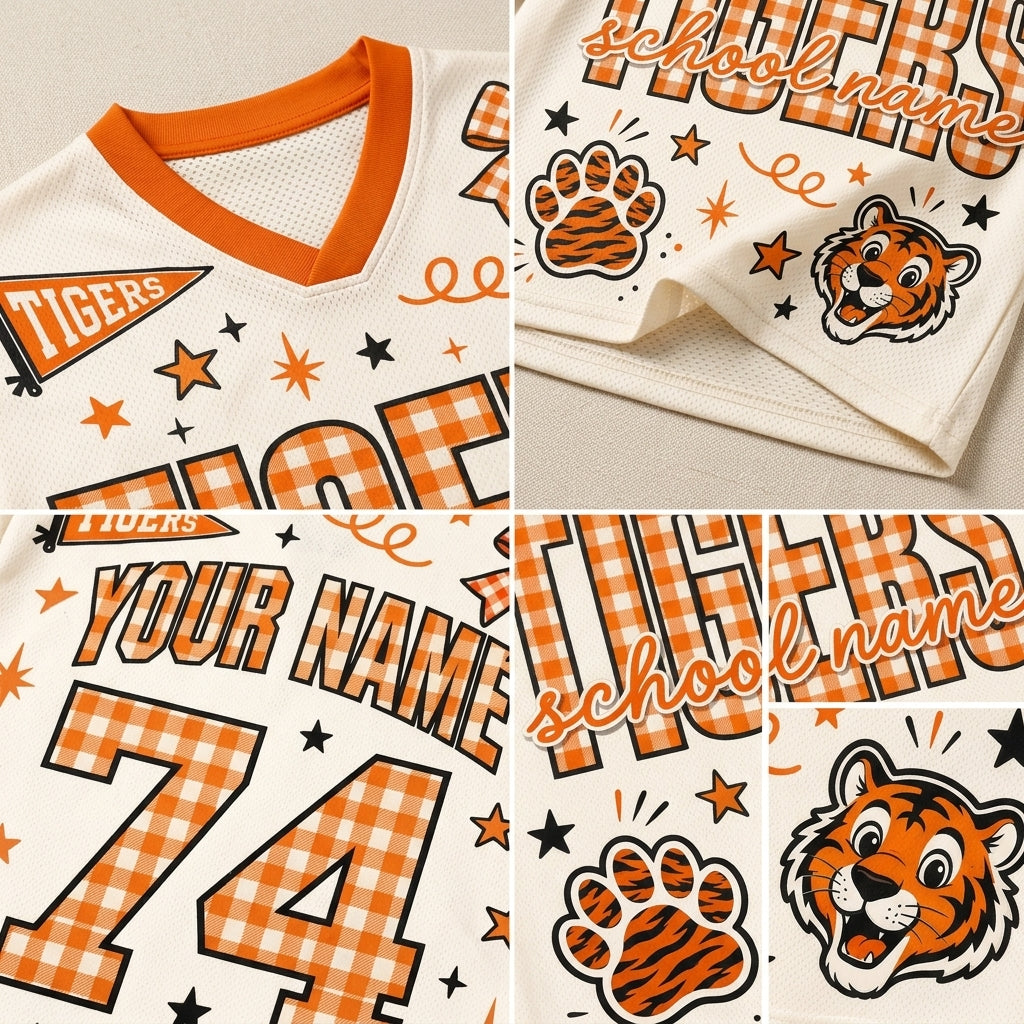 A collage showing multiple close-up views of a custom tiger-themed sports jersey. The jersey is cream-colored with orange and black gingham patterns, orange trim, and printed graphics including a tiger mascot head, a tiger paw print, stars, and customizable text fields for 'school name' and 'YOUR NAME' and number '74'.