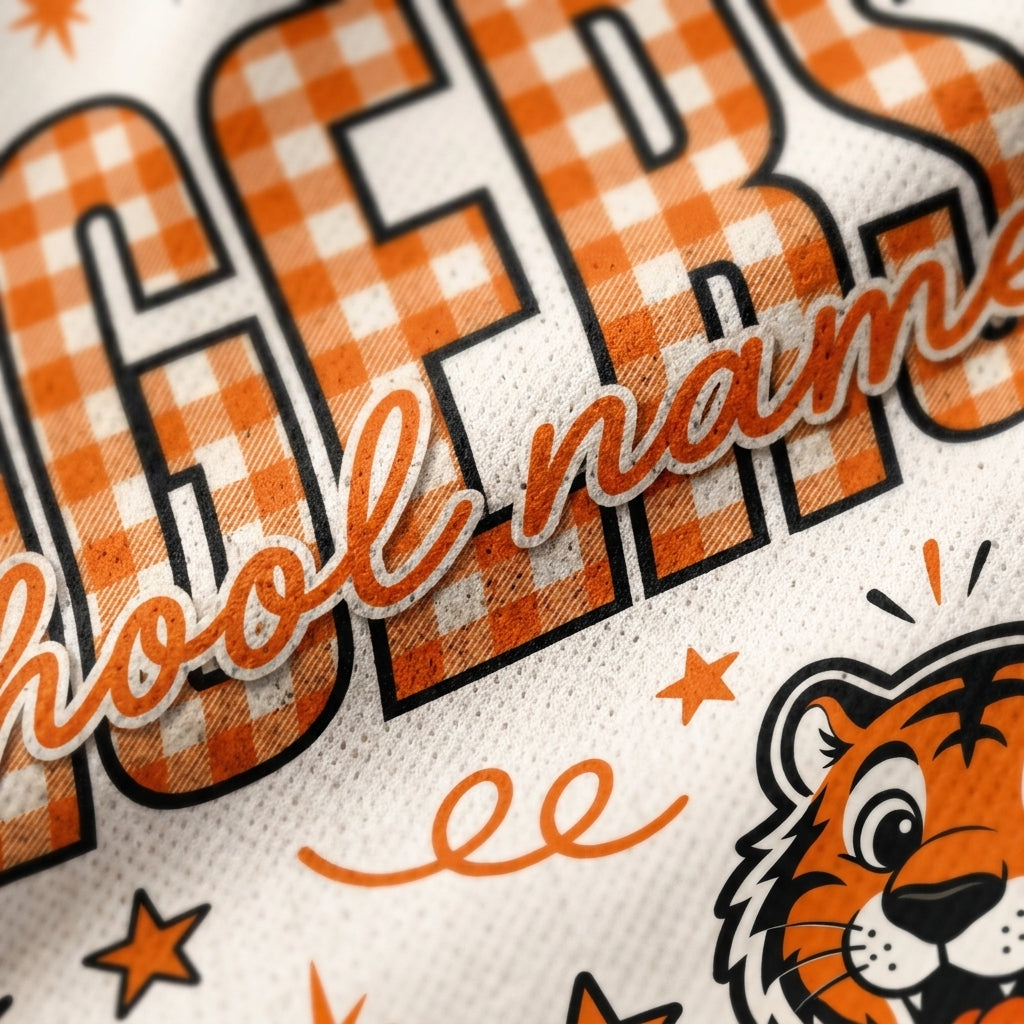Close-up of a white mesh fabric printed with orange and white gingham block letters, orange script text reading 'School name,' orange stars, and part of a tiger face graphic.