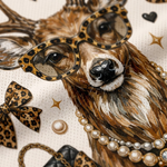 Macro close-up shot of the graphic print on mesh fabric, focusing on the high-definition textures of the deer antlers and fur, pearl necklace, quilted purse, and leopard print bows.