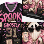 A four-panel collage showing a black mesh V-neck shirt with a pink and leopard-print Halloween graphic. The shirt includes the word 'SPOOKY', the number '31' in leopard print, bats, stars, and decorative accessories like a bow, sunglasses, a quilted bag, and a ghost figure.