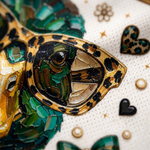 Macro close-up shot of the graphic print on mesh fabric, focusing on the textured impasto oil paint strokes of the mallard duck, diamond chain necklace, quilted leather bag, and gold accents.